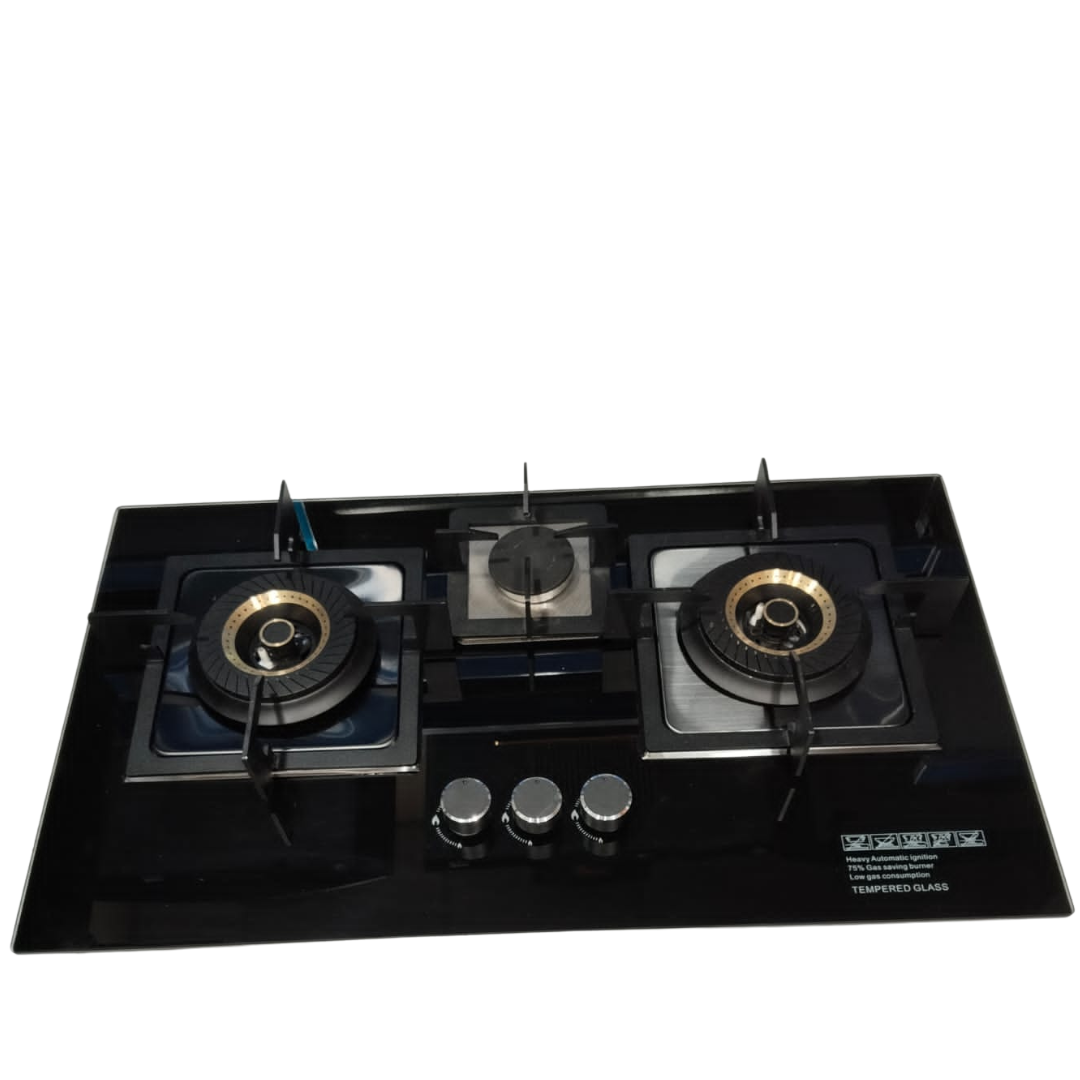 Three Burnur gas Cooktop With Black Glass Surface