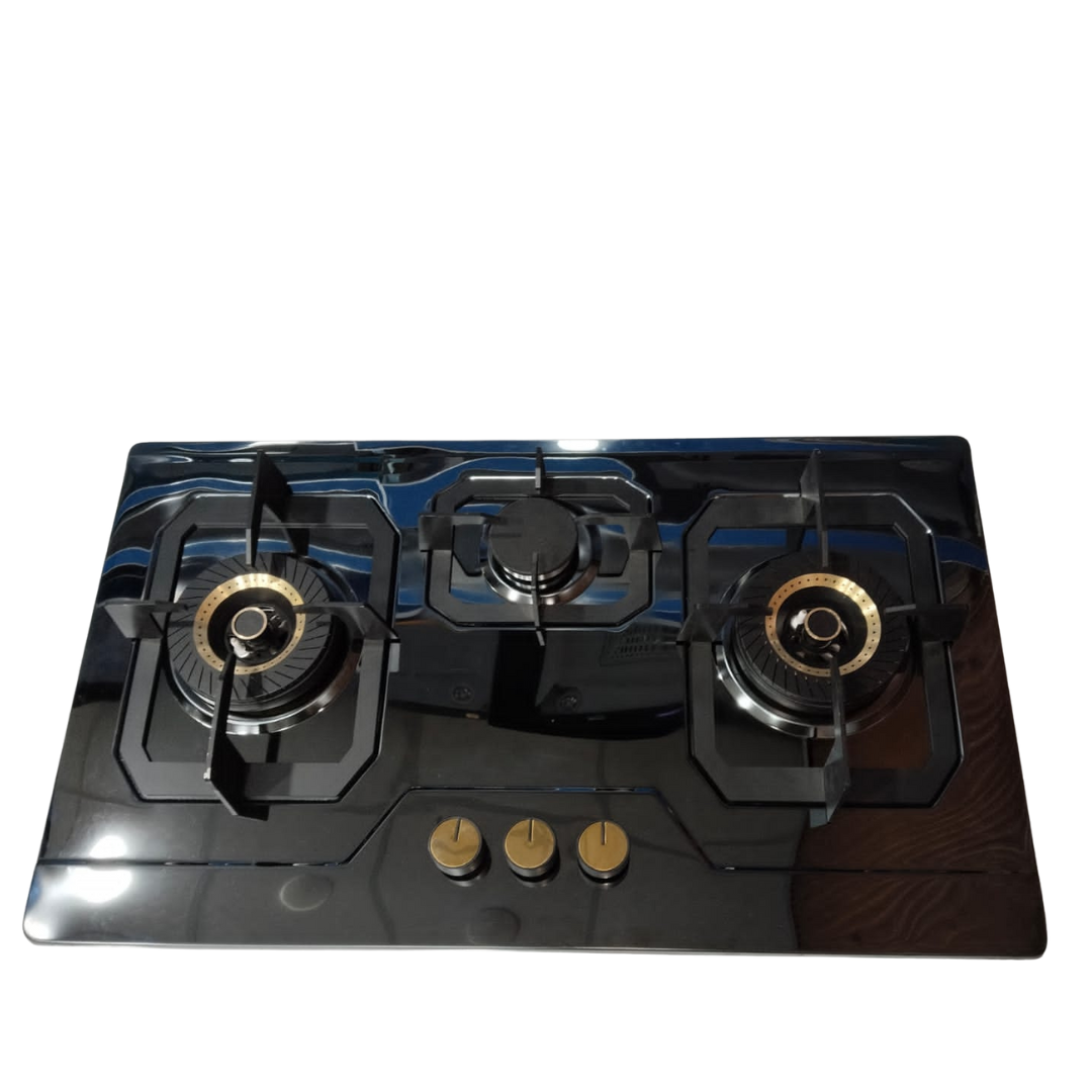 Three Burnur gas Cooktop With Black Glass Surface